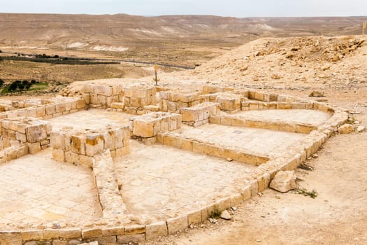 View of the ruined buildings in the ancient Nabataean city of Avdat, now a national Park, in the Negev Desert, Southern Israel