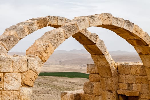 View of the ruined buildings in the ancient Nabataean city of Avdat, now a national Park, in the Negev Desert, Southern Israel