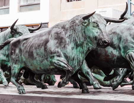 Monument of Running of the Bulls in Pamplona, Spain. The monument is dedicated to the traditional festival of San Fermin