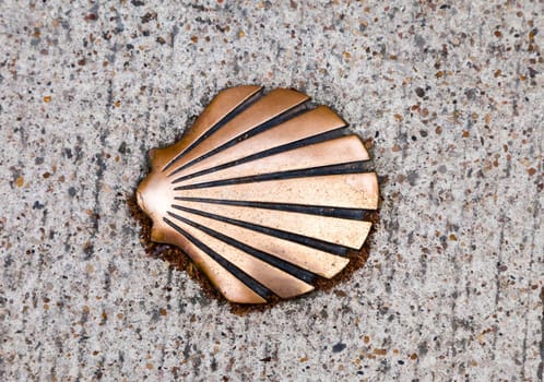 This bronze shell is set into a stone pathway, marking a trail at a significant pilgrimage location.