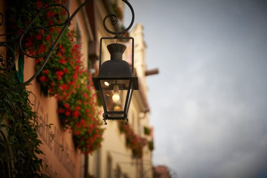 Lantern in the evening in the old town of Rothenburg ob der Tauber in Germany