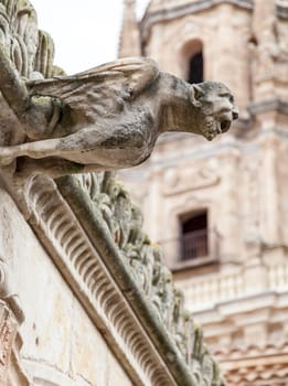 A detailed view of a gargoyle perched on a historic building in Salamanca, reflecting the city's rich heritage.
