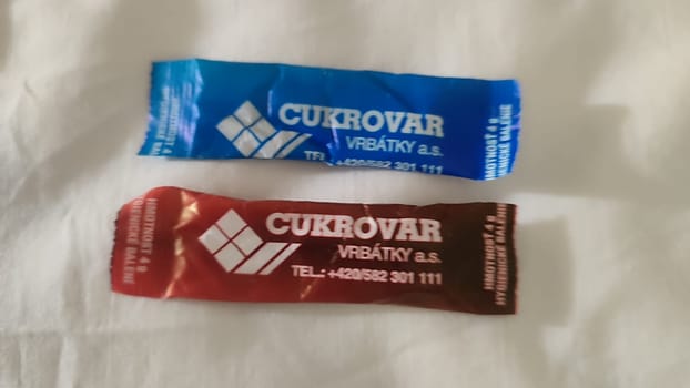October 15 2024 Prague Czech Republic Europe Colorful sugar packets food sweets tourism . High quality photo