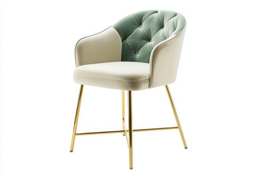 This chair features a unique design with a tufted back, combining green and cream upholstery and gold metallic legs for elegance.
