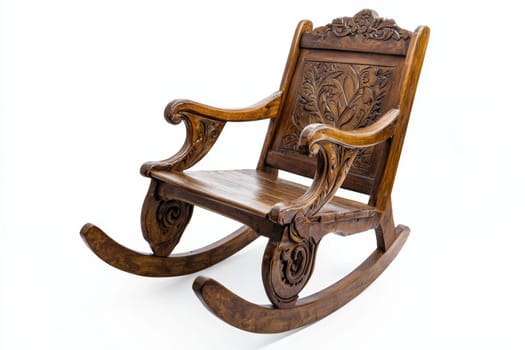 A beautifully crafted wooden rocking chair featuring detailed carvings stands on a bright white background, showcasing its elegance.