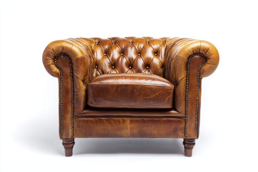 This elegant leather armchair features rich brown tones and tufted upholstery, ideal for complementing modern or traditional interiors.