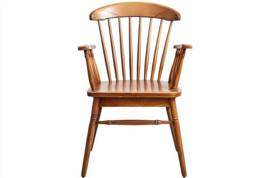 A sturdy wooden chair featuring a classic spindle back and armrests, perfect for dining spaces or cozy gatherings.