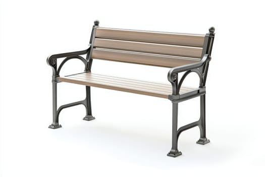 This park bench features a beautiful metal frame with wooden seating, perfect for relaxing in outdoor public spaces.