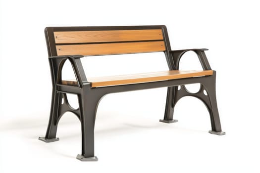 This wood and metal bench blends contemporary design with durability and comfort, perfect for parks and outdoor spaces.