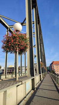 Bridge flowers walkway travel tourism summer buildings blue sky construction architecture nature park summer outdoor. October 16 2024 Decin Czech Republic Europe travel places . High quality photo