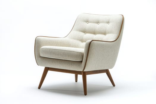 This mid-century modern armchair features a sleek design, showcasing a cozy shape and elegant wooden legs, perfect for any living space.