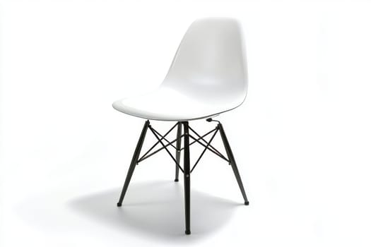 A sleek white chair with a minimalist design featuring black legs, ideal for contemporary living spaces or dining areas.
