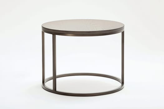 Stylish round coffee table features a natural wood top and sleek metal base, showcasing modern minimalism in furniture design.