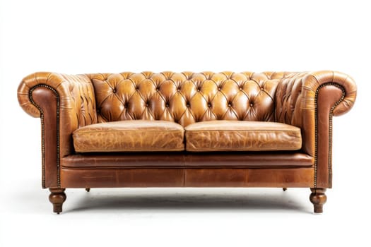 Brown leather tufted sofa showcases timeless craftsmanship and luxurious appeal in a well-lit studio environment.