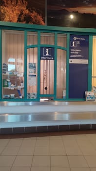 October 16 2024 Decin Czech Republic Europe Information desk window indoor place travel station. High quality photo