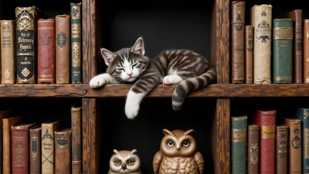 A cat is sitting on a bookshelf with many books. The cat is looking at the camera