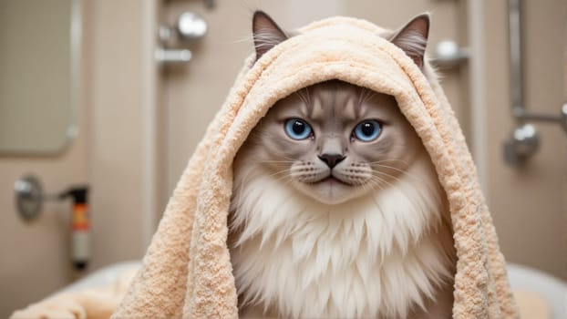 A cat is wrapped in a towel and has blue eyes. The cat appears to be looking at the camera with a curious expression