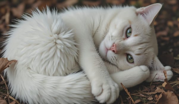 A white cat is curled up on the ground, looking at the camera. The cat appears to be relaxed and comfortable in its position