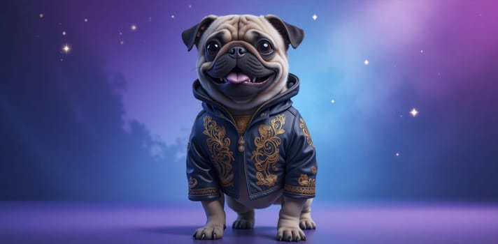 A pug wearing a black jacket and gold trim is smiling. The image has a warm, friendly, and playful mood