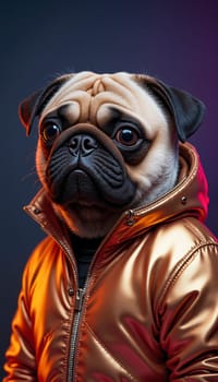 A dog is wearing a jacket and looking at the camera. The jacket is gold and the dog's fur is brown