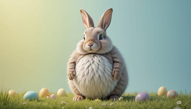 A rabbit with a big belly is standing in a field of grass with a bunch of Easter eggs scattered around it