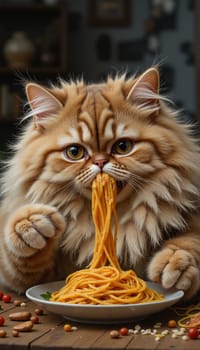 A cat is eating spaghetti on a plate. The cat is eating the spaghetti with its mouth open