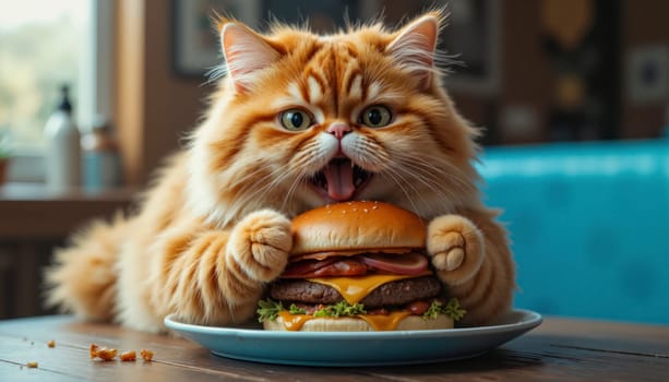 A cat is eating a hamburger with lettuce and cheese. The cat is making a funny face and has its tongue out