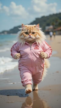 A fluffy cat is strolling along the shoreline, dressed in a pink outfit that includes a jacket and pants. The cat appears to be enjoying its walk on the beach, taking in the sights