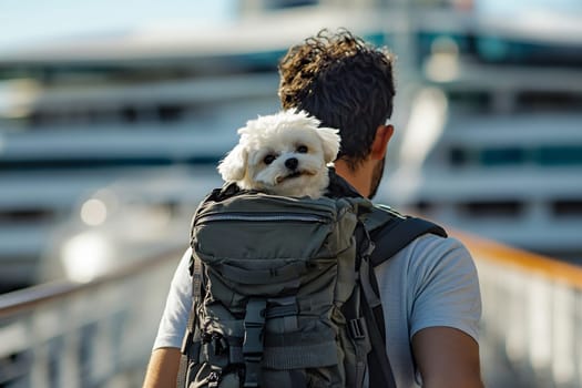 A person walks on a sunny path with a small dog peeking out of a backpack, enjoying a leisurely outdoor adventure together.