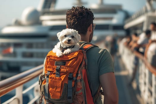 A man walks along a cruise ship deck carrying a small dog in a backpack, enjoying the sunny day and the vibrant atmosphere.