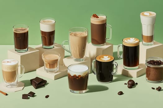 Various coffee drinks are displayed on a green background, showcasing different styles and presentations. Each glass has unique toppings and colors.