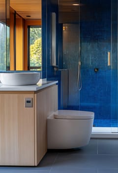 A contemporary bathroom featuring a minimalistic toilet, stylish sink, and a blue tiled shower. Bright natural light enhances the space.