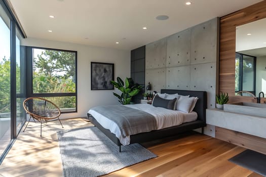 A stylish bedroom features a large bed, contemporary decor, and plenty of natural light from floor-to-ceiling windows. Plants add a touch of nature.