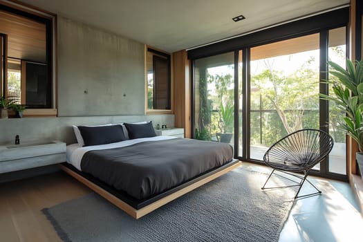 This modern bedroom features a sleek design, large windows, and views of greenery, creating a serene atmosphere for relaxation.