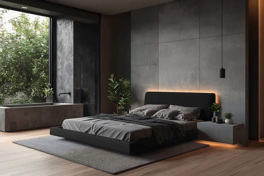 A stylish bedroom features a large bed with grey bedding and floor-to-ceiling windows, allowing abundant natural light and greenery.