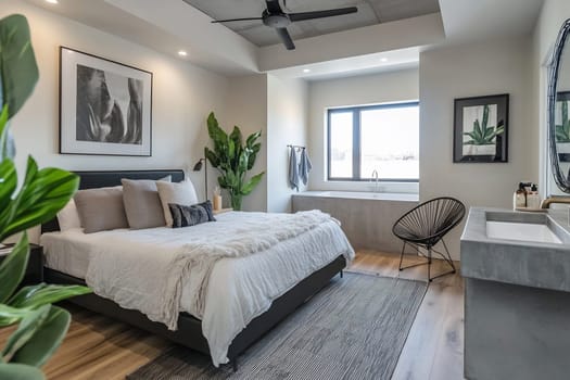 Cozy bedroom featuring a king-size bed, plants, large window, and minimalistic decor that creates a serene atmosphere.