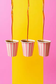 Three striped cups suspended in mid-air pour a vibrant liquid against a bright pink and yellow background.