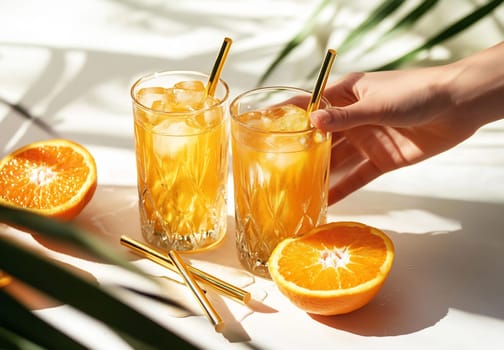Two tall glasses filled with cold orange beverages sit on a table, accompanied by fresh orange slices.