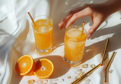 Two chilled orange drinks sit on a light surface, with ice cubes and a hand reaching for one glass, set against bright sunlight.
