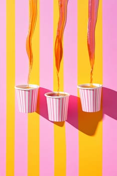 Three striped cups pour a warm drink against a vibrant pink and yellow striped backdrop, creating a lively, playful ambiance.