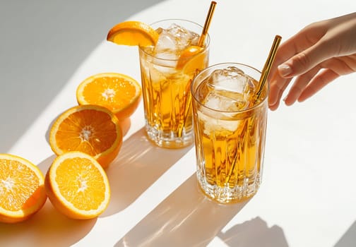 Bright orange drinks with ice and garnished with orange slices are served, with two glasses capturing the sunlight of a cozy setting.
