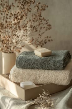 Soft towels and soap are neatly placed on a tray, accompanied by dried flowers, creating a calming spa atmosphere in the room.