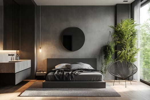 Stylish bedroom features a sleek bed, natural elements, and large windows allowing sunlight to brighten the space.