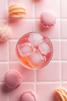 A vibrant drink with ice cubes surrounded by delicate pink macarons on a light tiled surface creates a colorful and inviting atmosphere.