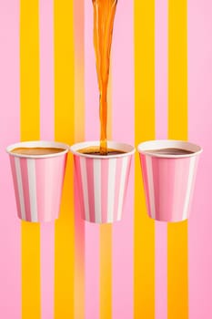 Hot coffee is being poured into three pink striped cups against a vibrant yellow and pink background, creating a lively atmosphere.