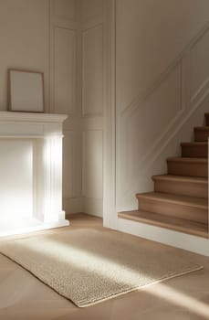 Warm sunlight streams through a cozy room, highlighting a soft rug and a beautifully crafted staircase with elegant wooden steps.