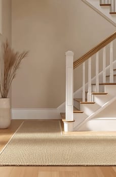 A warm and inviting hallway features a staircase, a light-colored rug, and decorative plants in a stylish vase, creating a cozy atmosphere.