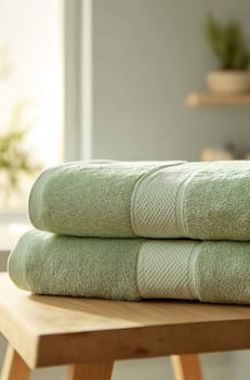 Freshly folded soft green towels sit neatly on a wooden table in a cozy, light-filled interior space, inviting relaxation and comfort.