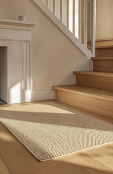 A soft, neutral rug sits at the base of a well-lit staircase, enhancing the warmth of the wooden steps and light-colored walls.