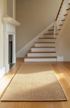 A warm and inviting entryway features a textured rug on wooden flooring and a staircase leading to the upper level.